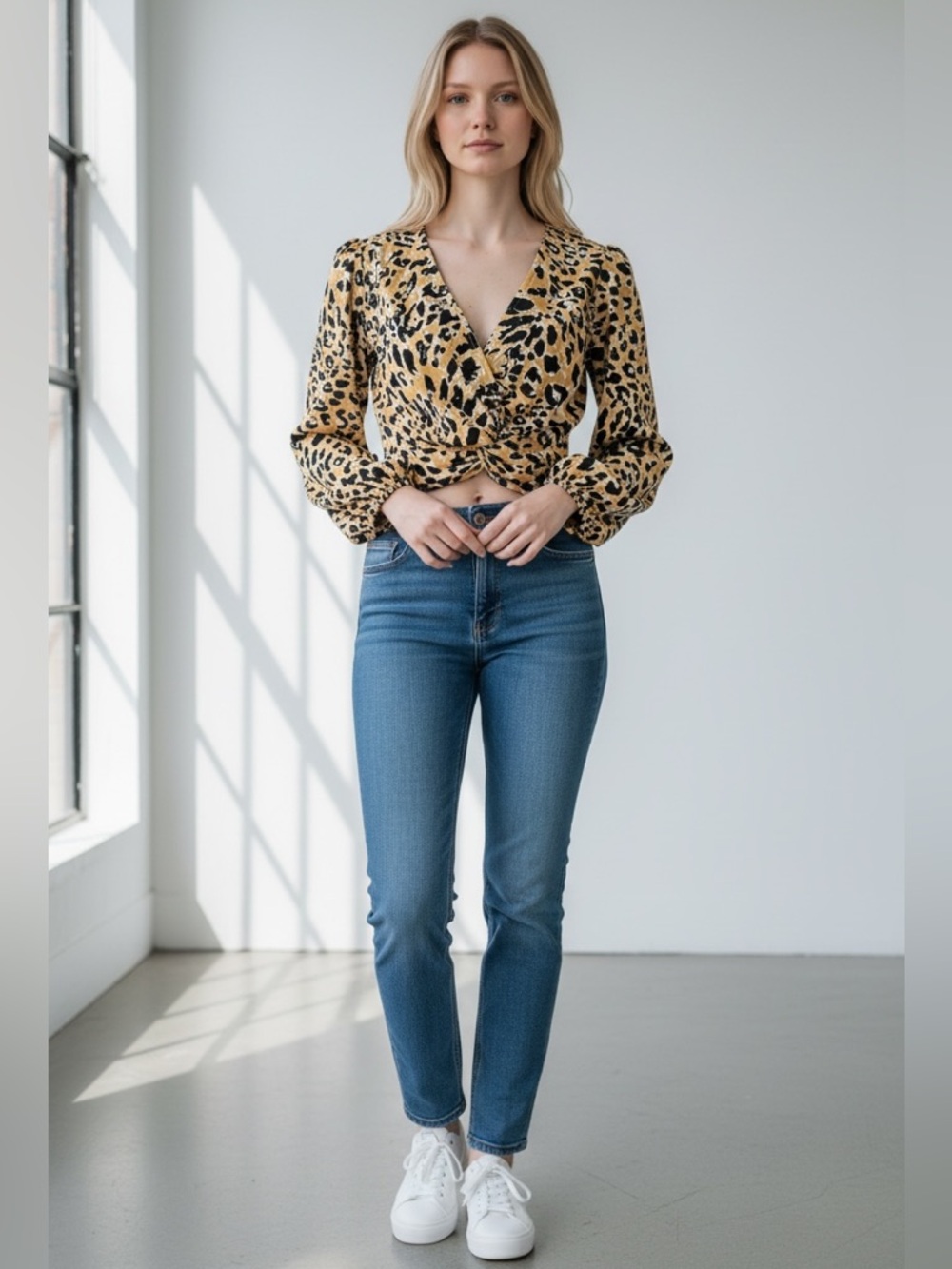 Topshop Leopard Print Twist Front Blouse Balloon Sleeve Size 4 NWT